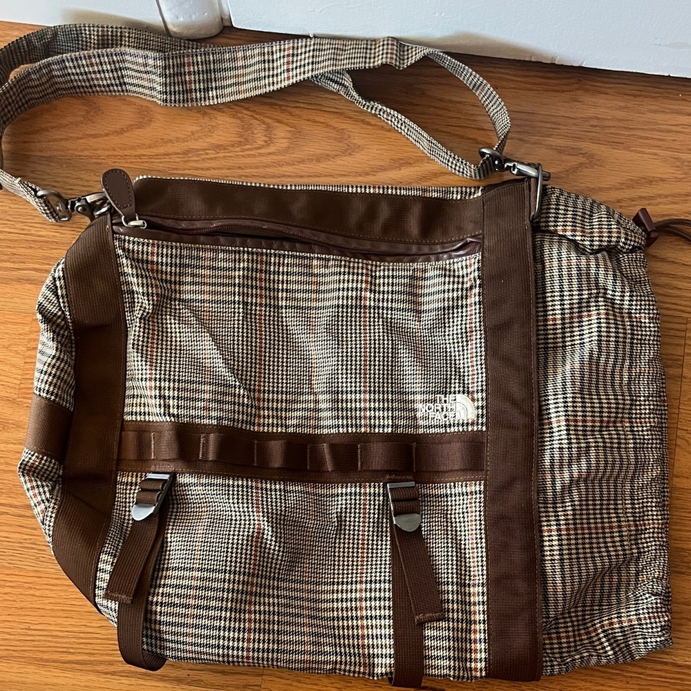 The North Face Brown and Cream Checkered Messenger Bag